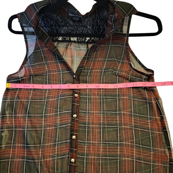 WET SEAL | Sheer Flannel Red & Green Sleeveless Blouse - Picture 9 of 9